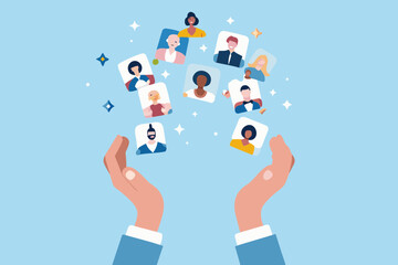 Hands holding floating profile pictures of diverse people connection and networking