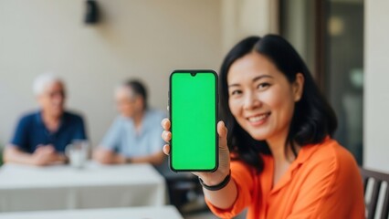 Woman holding green screen mobile phone