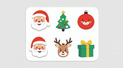 Fototapeta premium Set of Christmas icons featuring Santa Claus, a decorated Christmas tree, festive bauble, reindeer, and a gift box