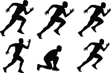 Silhouette collection of male athletes sprinting in various running poses, dynamic sports movement illustration showing speed, power and athletic performance