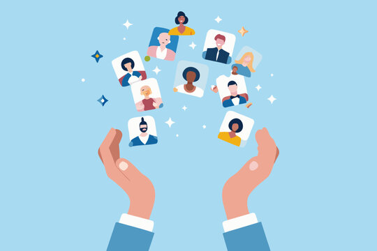 Hands holding floating profile pictures of diverse people connection and networking - Powered by Adobe