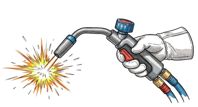 Welding torch igniting sparks in hand with hoses attached  