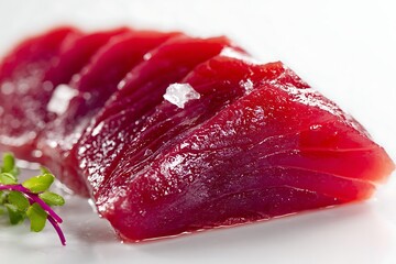 Fototapeta premium Slice of bluefin tuna sashimi with deep red tone and glossy surface, fine dining style on white background.