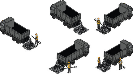 Dump truck unloading silhouettes, gravel spreading, construction worker posture, shovel and rake use, black figures, site preparation, material handling sequence © Motahar