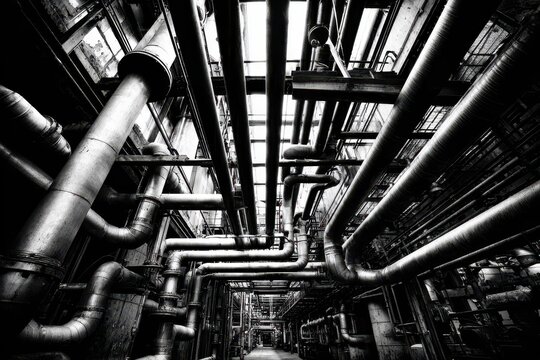 Industrial Steam Pipe Network Running Overhead in a Factory