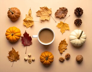Autumnal arrangement of pumpkins, leaves, nuts, coffee, and pinecones on a beige surface