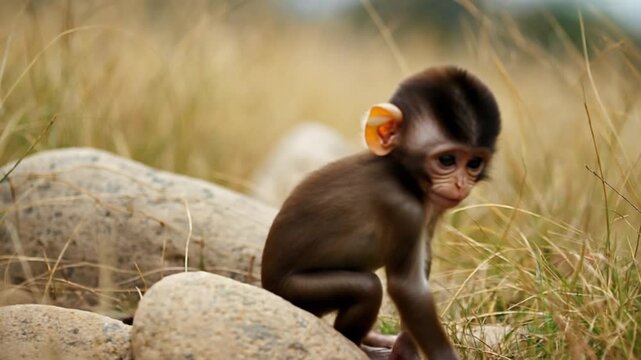 A baby monkey sitting on rocks in a field of tall grass looking at the camera with big eyes monkey video