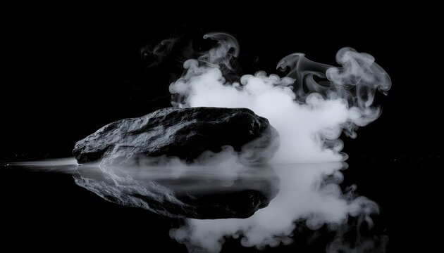 Dramatic product photography setup featuring a black volcanic stone and ethereal white vapor curls rising against a solid black background with sharp reflection