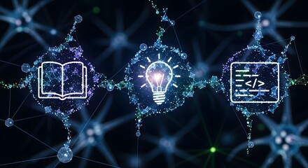 Digital neural network connecting icons for learning, ideas, and programming, representing knowledge and innovation.