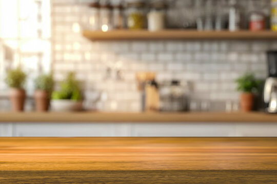 Empty wooden kitchen counter mockup, product display background. Wood table top on marble, blurred interior. Modern style home kitchen, restaurant advertising. Copy space for food, drinks, dishes