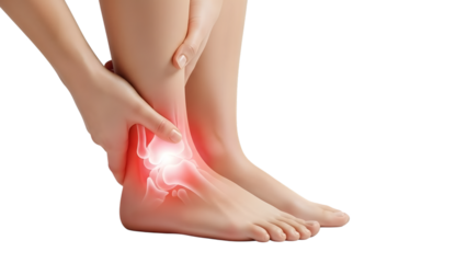 Woman with pain in her ankle isolated on transparent background