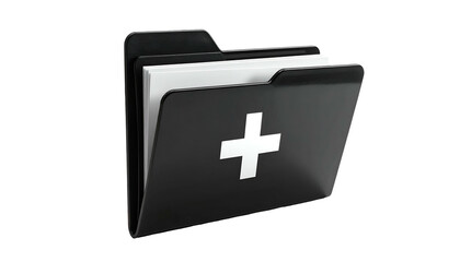 Obraz premium Glossy black folder with a white cross symbol holding a stack of white papers