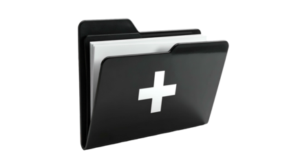 Glossy black folder with a white cross symbol holding a stack of white papers