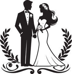 Bride and Groom Silhouette, Romantic black and white vector illustration