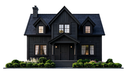 Black two-story home with dormers, front porch, and garden. Cut out against a dark backdrop