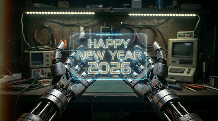 Happy New Year 2026 Futuristic AI Concept  Robotic Hands Holding Digital Greeting