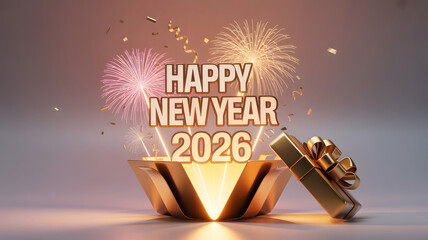 Happy New Year 2026 Gift Box with Fireworks Festive Celebration Background