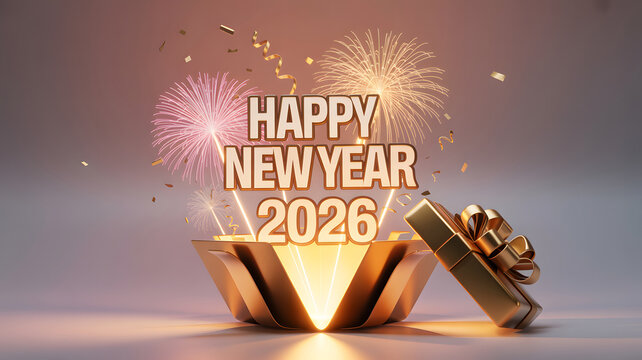 Happy New Year 2026 Gift Box with Fireworks Festive Celebration Background