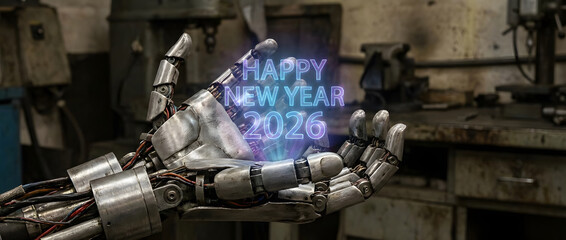 Happy New Year 2026 Robotic Hand Hologram  Futuristic AI Celebration Concept