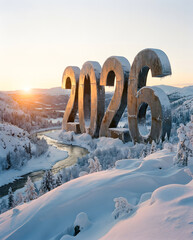 Happy New Year 2026 Winter Landscape Snowy Mountains and River Sunrise Scene