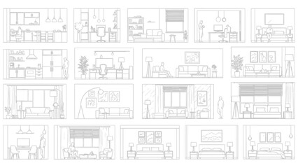 Set of black and white line art vector illustrations showing various house interior rooms in elevation and plan view for architectural design 