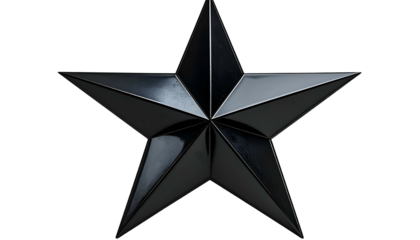Shiny, five-pointed metallic star with reflective surfaces, isolated on a black background