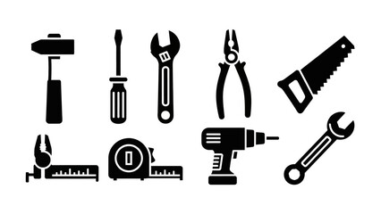 Fototapeta premium Collection of black and white icons representing various common hand and power tools