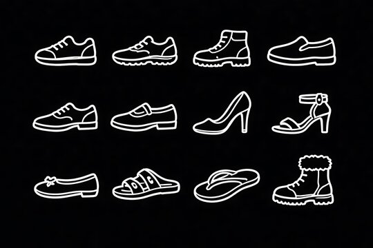 various shoes line editable icon set on black  - Powered by Adobe