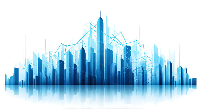 The blue chart on a white background and urban landscape are business chart concepts used in corporate presentations to showcase financial or economic data.