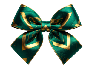 A decorative bow made of teal and gold patterned fabric against a black background