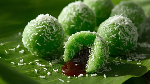Delicious klepon balls on banana leaf, a tempting treat with sweet palm sugar