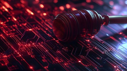 Wooden Gavel on Glowing Red Digital Circuit Board judge justice photo