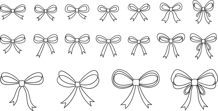 Hand Drawn Bow Ribbon Collection with Multiple Styles in Black and White Line Art Vector Illustration