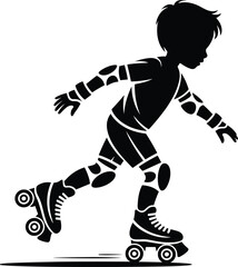 Child roller skating silhouette, kid learning balance and movement, playful sport activity concept, black figure isolated on white background