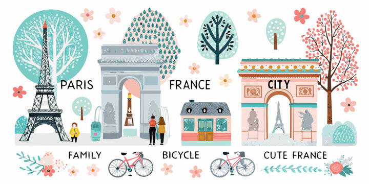 Illustrative parisian landmarks with floral accents bicycles and a family scene