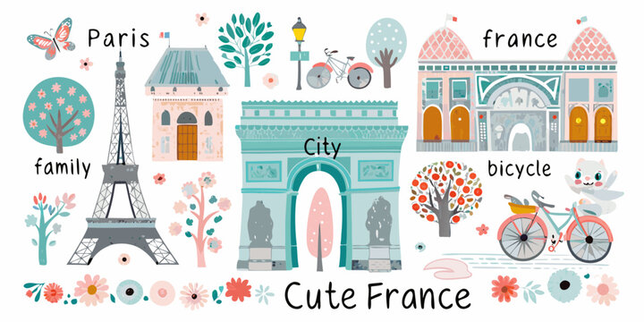 Illustrative depiction of parisian landmarks and elements with a charming aesthetic