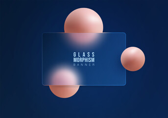 Transparent glass banner with spheres on a dark blue gradient background in a modern glassmorphism style.