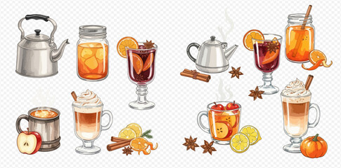 Collection of various watercolor illustrations of hot beverages and ingredients for warm drinks.