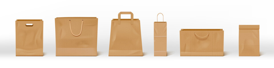 Paper bag. Brown shop handle craft paperbag mockup for branding and merchandising, 3d food cardboard carry front view, retail reusable realistic rope package for shopping. Vector mock up set