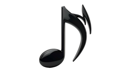 A shiny black musical eighth note floats against a stark black background