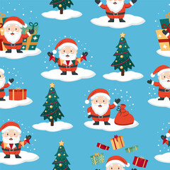 Christmas seamless pattern. Cute Santa with Christmas tree, gifts and decorations. Vector background for packaging, wrapping paper, textile.
