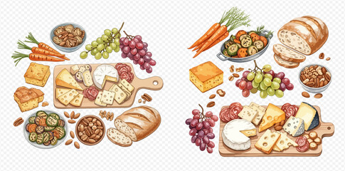 Delicious watercolor illustration of a cheese board with various cheeses, grapes, bread, and other snacks.