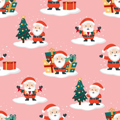 Christmas seamless pattern. Cute Santa with Christmas tree, gifts and decorations. Vector pink background for packaging, wrapping paper, textile.