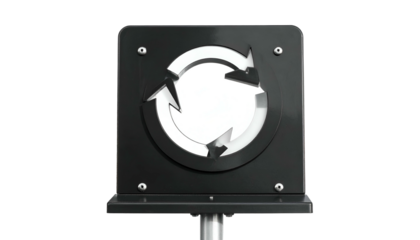 Black square with a central circular recycle symbol on a steel pole, clear background