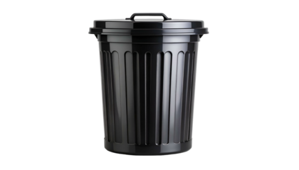 A glossy black waste bin with a lid, standing on a pitch black background