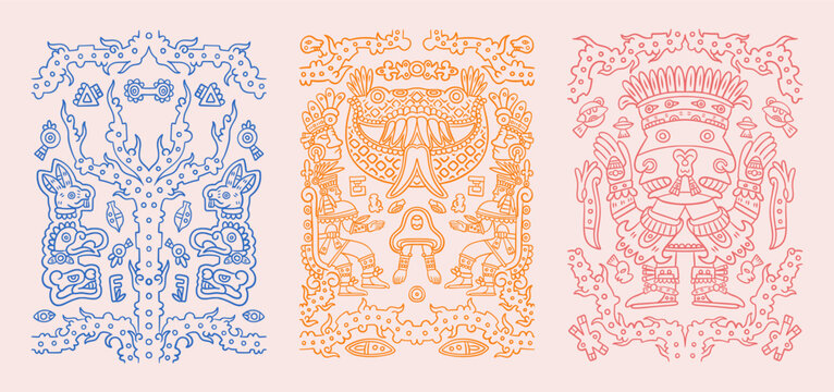 Mexican pattern. Aztec African or Mexico elements, tribal Africa texture or Peruvian maya ethnic tribe line art. Posters or print ornament design, vector vintage monochrome isolated shapes set