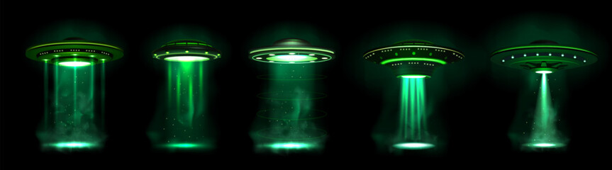 Ufo light. Alien spaceship with green space beam, flying 3d saucer, fiction science smoke. Galaxy glow with bright illumination sparkle vertical ray, neon spotlight. Vector realistic object © SpicyTruffel