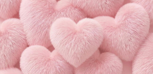 Valentine's day banner with soft pink fur hearts pattern. Space for text. 