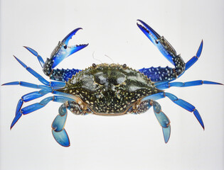 Bright Blue Crab Isolated on White Background Representing Marine Biotic Life and Natural Sea Concept
