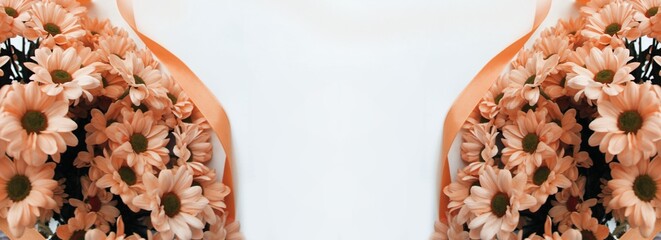 A festive bouquet of peach color on a white background with a place for text in the middle.